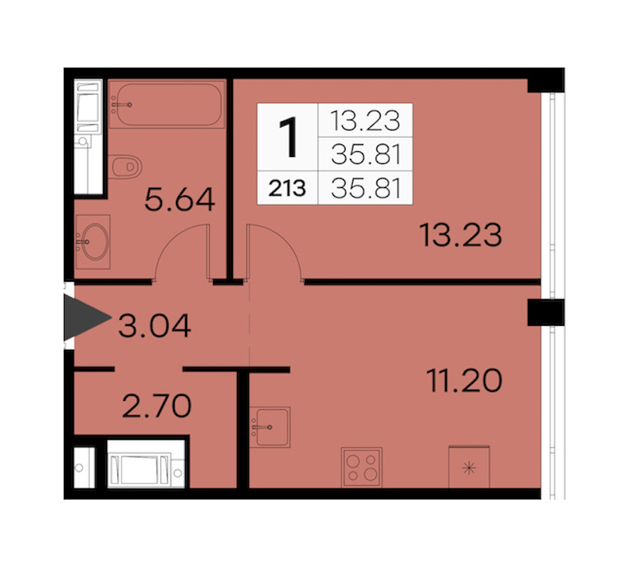 1-комнатная квартира 35.81 м², 17/19 эт., ЖК «GloraX Aura Vasileostrovsky»